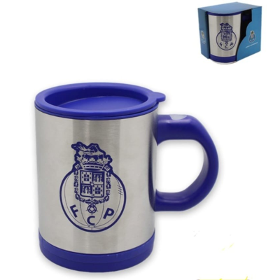 copo térmico azul com emblema FC Porto e caixa correspondente