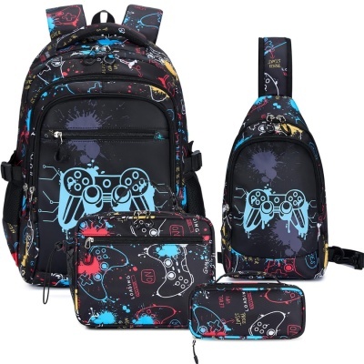 Conjunto de mochila, mala tiracolo, bolsa e estojo com estampado de comandos de videojogos coloridos
