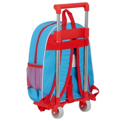 Mochila de rodas azul e vermelha com alças e estrutura metálica vermelha