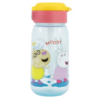Garrafa infantil transparente com tampa amarelo e rosa e desenhos animados
