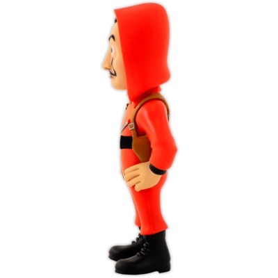 Figura de ação de personagem com fato vermelho e mochila castanha