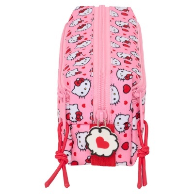 Estojo rosa com padrão Hello Kitty e corações vermelhos com fecho de correr rosa