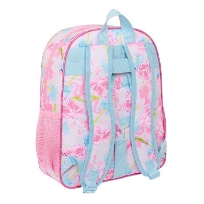 Mochila rosa infantil com padrão colorido e alças azuis