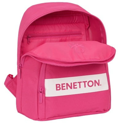Mochila rosa Benetton com bolso frontal e interior vermelho