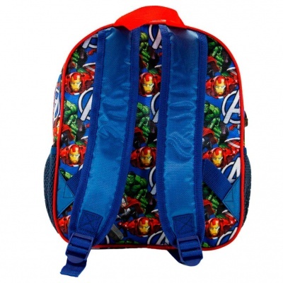 Mochila infantil azul com personagens Marvel Avengers e alças almofadadas azuis