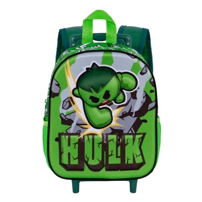 Mochila infantil verde com imagem do Hulk em estilo cartoon e texto HULK