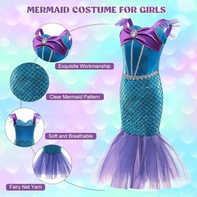 Vestido de fantasia de sereia azul e roxo para meninas com padrão de escamas e detalhes em rede