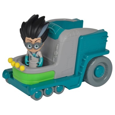 Brinquedo carrinho azul cinza com personagem