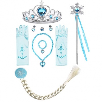 Conjunto de acessórios de princesa azul claro incluindo tiara, luvas, joias, varinha e trança de cabelo artificial