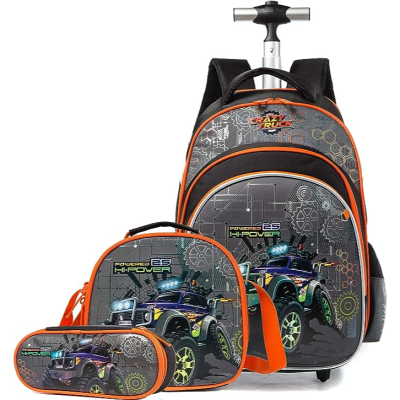 Mochila com rodas, lancheira e estojo com desenho de carro de corrida e padrões técnicos