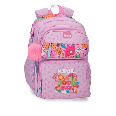 Mochila cor-de-rosa com flores coloridas, chaveiro pompom e frase HAVE A GOOD DAY