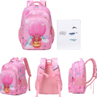 Mochila cor-de-rosa com urso e balão 3D, alças acolchoadas