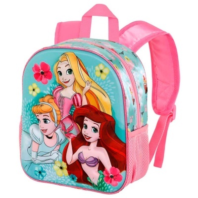Mochila infantil rosa com estampa de princesas Disney e flores