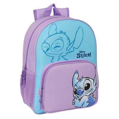 Mochila infantil azul claro e lilás com personagem Stitch da Disney