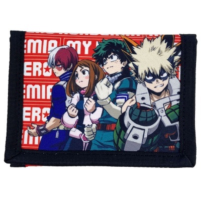 Carteira My Hero Academia com personagens e padrão vermelho