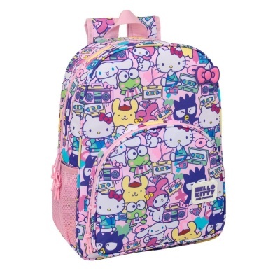 Mochila rosa infantil com padrão Hello Kitty e amigos coloridos