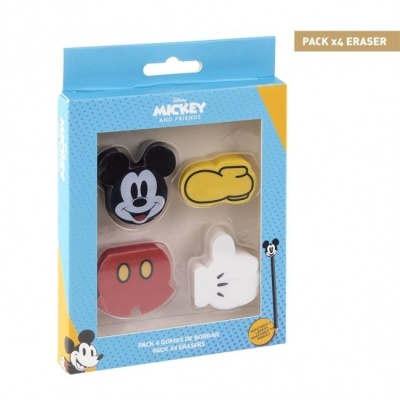 Pack de quatro borrachas Disney Mickey and Friends com formas coloridas e caixa azul