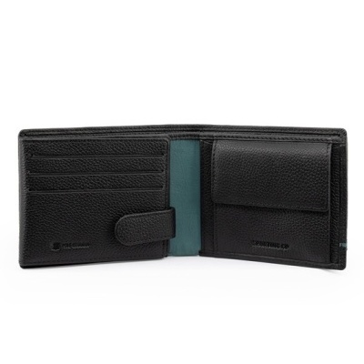 Carteira masculina de couro preto aberta mostrando compartimentos e bolso