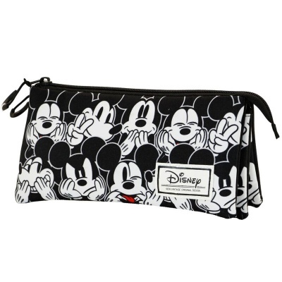 Estojo escolar preto e branco com estampado de Mickey Mouse e fecho de correr