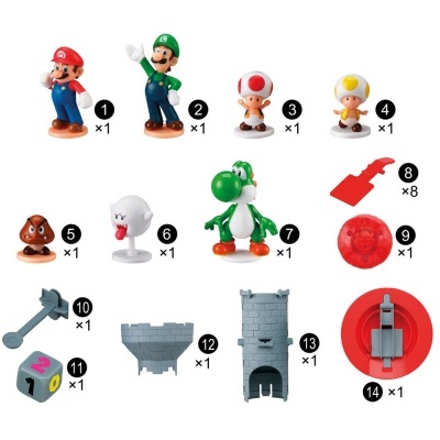 Figuras e acessórios de Mario em várias cores e tamanhos