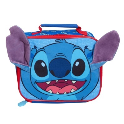 Mala azul com estampa Stitch e orelhas roxas em tecido felpudo