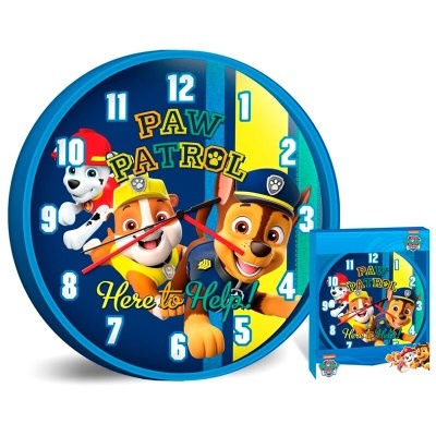 Relógio de parede azul com personagens da PAW PATROL e texto Here to Help