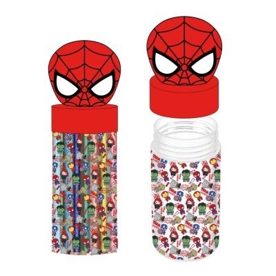 Estojo de lápis transparente com padrão Marvel e tampa vermelha com cabeça do Homem-Aranha