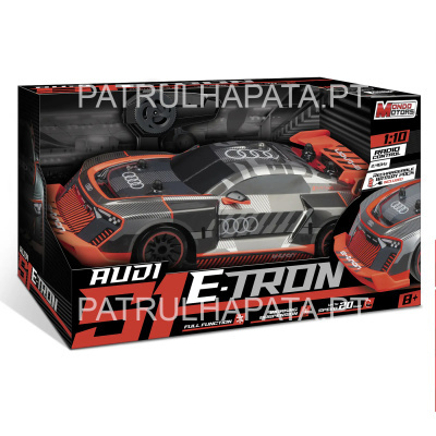 Carro de controle remoto audi e-tron preto, cinzento e laranja na caixa