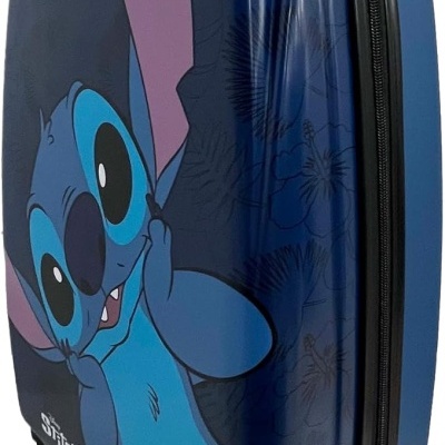 Mala de viagem rígida azul com estampa do personagem Stitch e rodas.