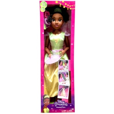 Boneca Disney Princess Tiana em embalagem rosa com vestido amarelo e verde