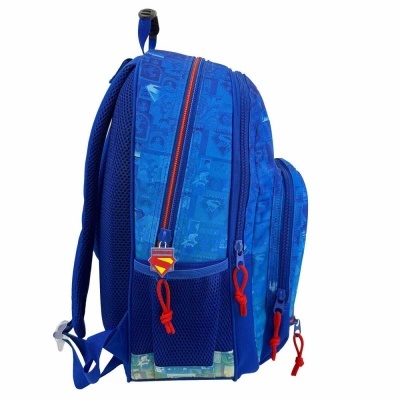Mochila azul com padrão Super Homem e fechos de correr vermelhos e azuis