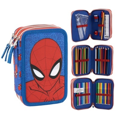 Estojo escolar triplo Homem-Aranha azul e vermelho com lápis e acessórios