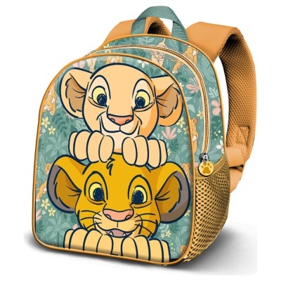 Mochila infantil verde com estampado de personagens Simba e alças castanhas
