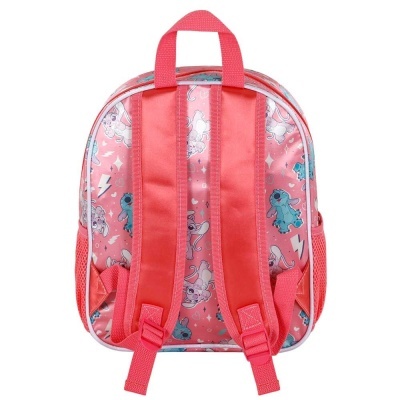Mochila infantil cor-de-rosa com padrão de personagens coloridos e alças acolchoadas