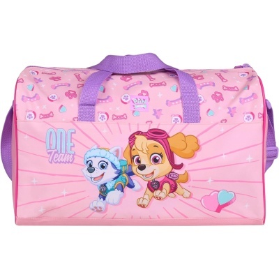 Mala de desporto rosa com personagens de desenho animado e texto ONE Team