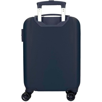 Mala de viagem rígida azul escura com puxador preto e rodas