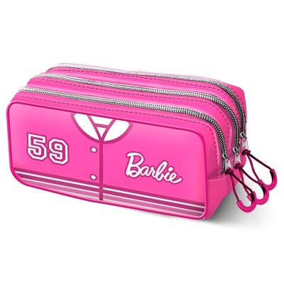 Estojo escolar rosa com design de casaco desportivo, número 59 e texto Barbie