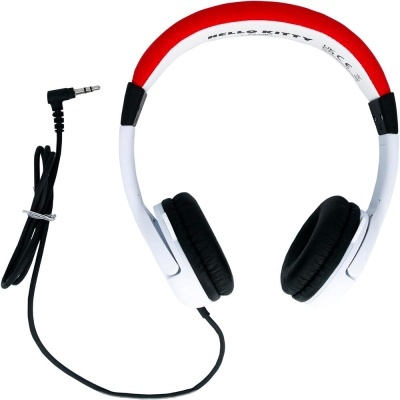 Auricular headphone branco e vermelho com almofadas pretas e cabo com ficha jack 3.5mm