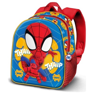 Mochila infantil azul e vermelha com personagem de super-herói e texto THWIP