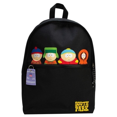 Mochila preta com personagens South Park e texto SOUTH PARK amarelo