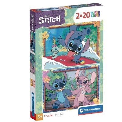 Caixa de 2 puzzles Disney Stitch com personagens Stitch e Angel em cenários tropicais.