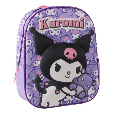 Mochila infantil Kuromi roxa com estampa de personagens e destaque 3D