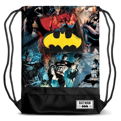 Mochila de cordão com padrão de imagens do Batman e símbolo central amarelo e preto