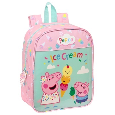 Mochila infantil Peppa Pig rosa com estampa de gelados e imagem colorida frontal com texto Ice Cream.