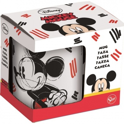 Caneca de cerâmica com desenho de Mickey Mouse e embalagem com texto