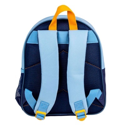 Mochila infantil azul com alças acolchoadas e pega amarela