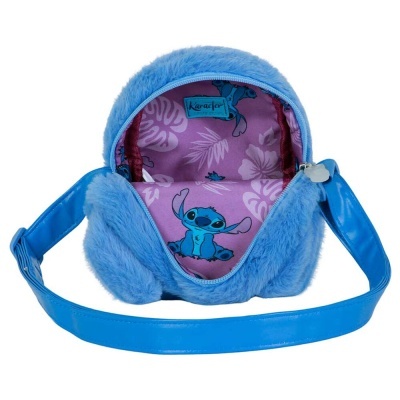 Mala azul de pêlo com interior rosa e imagem do Stitch