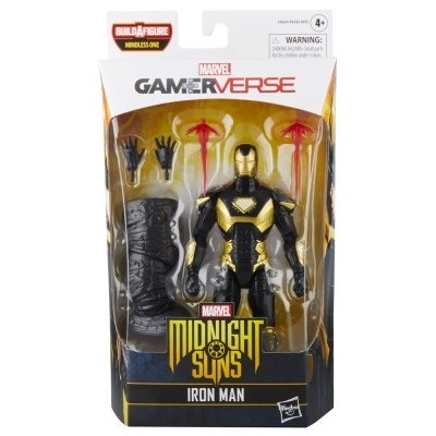 Figura de ação Iron Man Marvel Gamerverse Midnight Suns numa caixa com acessórios e design gráfico