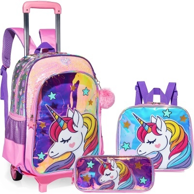Conjunto infantil de mochila carrinho, mochila pequena e estojo com imagem de unicórnio colorido