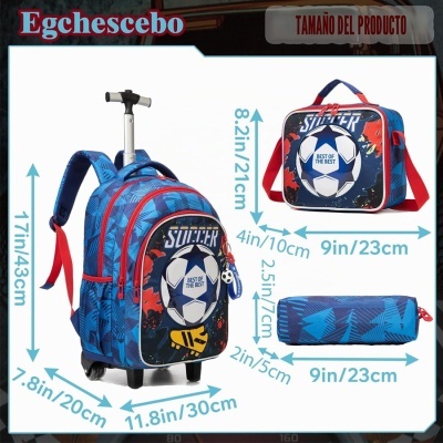 Conjunto azul de mochila com rodinhas, mochila pequena e estojo com estampa de bola de futebol e texto